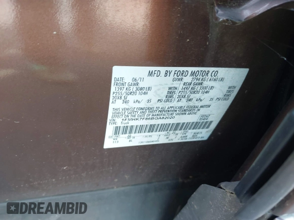 2011 Ford Explorer Limited with VIN 1FMHK7F86BGA82020, listed as a IAAI auction lot 42683755 with Not provided miles and . Bid and sale history available at DreamBid. Image 9.