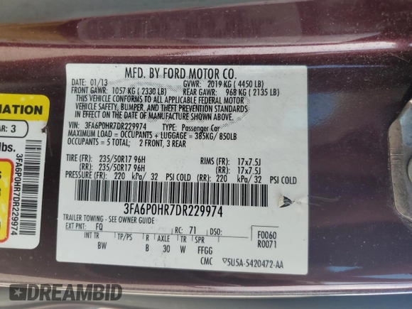 2013 Ford Fusion SE with VIN 3FA6P0HR7DR229974, listed as a Copart auction lot 62556715 with 131,271 mi miles and Salvage title. Bid and sale history available at DreamBid. Image 12.