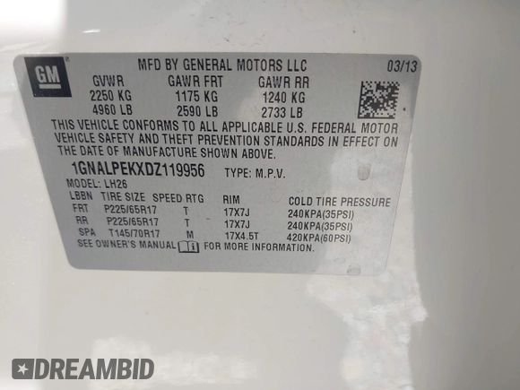 2013 Chevrolet Equinox LT with VIN 1GNALPEKXDZ119956, listed as a IAAI auction lot 42045958 with 192,041 mi miles and . Bid and sale history available at DreamBid. Image 9.