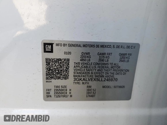 2020 GMC Terrain SLT с VIN 3GKALVEX5LL245970, выставлен на аукционе Copart как лот 56297725 с пробегом 59 452 миль миль и Списание • Salvage title. История ставок и продаж доступна на DreamBid. Изображение 12.