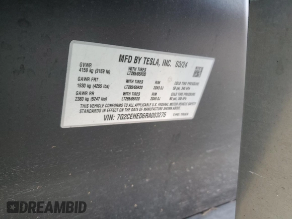 2024 Tesla Cybertruck z VIN 7G2CEHED6RA003275, wystawiony jako Copart lot #89005955 z przebiegiem 10 456 mil mil oraz Szkoda całkowita • Salvage title. Historia ofert i sprzedaży dostępna na DreamBid. Obrazek 14.