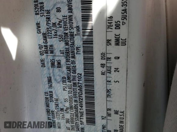 2007 Ford Econoline Cargo Commercial with VIN 1FTNE14W27DA67102, listed as a Copart auction lot 47770305 with 579,541 mi miles and Salvage Title. Bid and sale history available at DreamBid. Image 15.