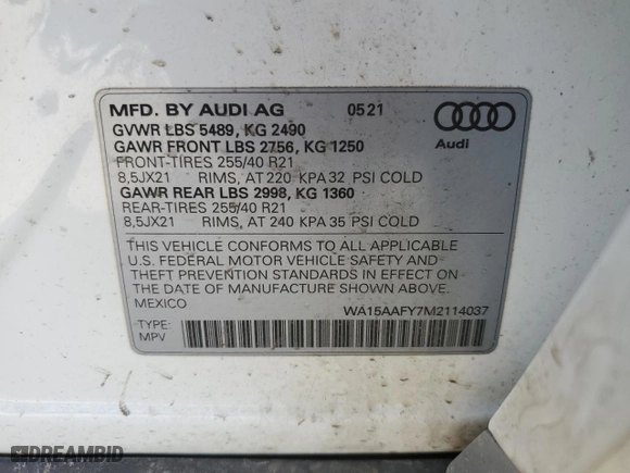 2021 Audi Q5 Sportback Premium Plus with VIN WA15AAFY7M2114037, listed as a Copart auction lot 49108545 with 55,997 mi miles and Salvage Title. Bid and sale history available at carsss.com. Image 13.