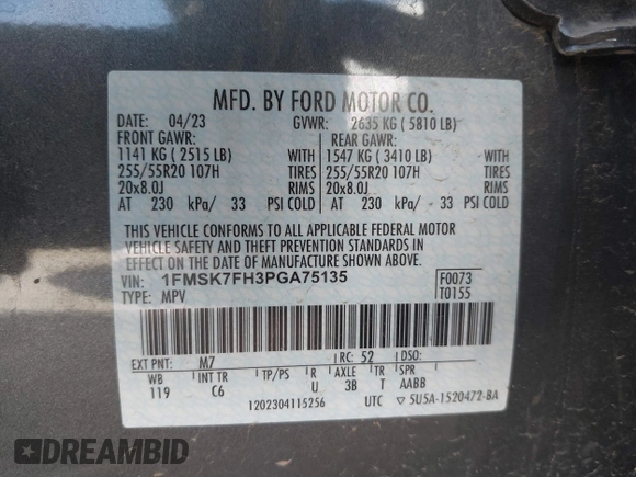 2023 Ford Explorer Limited with VIN 1FMSK7FH3PGA75135, listed as a IAAI auction lot 41692717 with 21,356 mi miles. Bid and sale history available at carsss.com. Image 9.