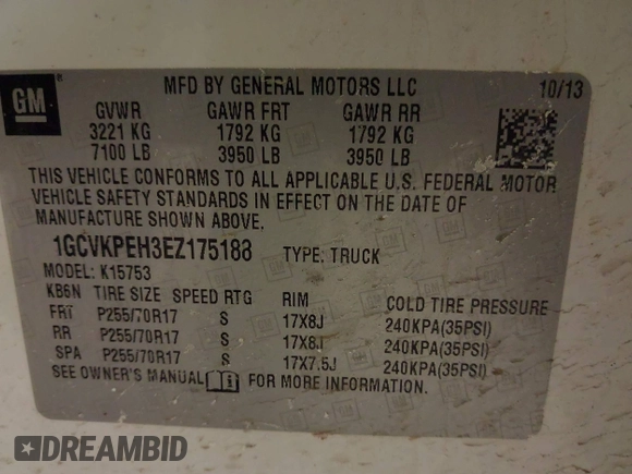 2014 Chevrolet Silverado 1500 Work Truck with VIN 1GCVKPEH3EZ175188, listed as a IAAI auction lot 41233513 with 115,133 mi miles and . Bid and sale history available at DreamBid. Image 9.