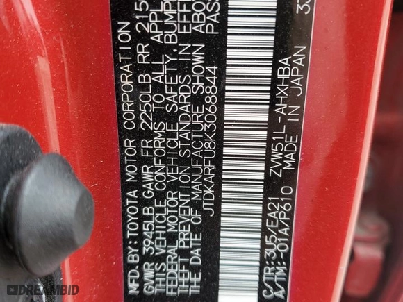 2019 Toyota Prius L Eco with VIN JTDKARFU8K3068844, listed as a Copart auction lot 49662565 with 104,366 mi miles and Salvage Title. Bid and sale history available at carsss.com. Image 13.