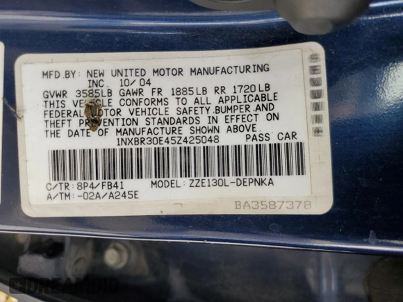 2005 Toyota Corolla CE with VIN 1NXBR30E45Z425048, listed as a Copart auction lot 55142805 with 178,756 mi miles and Salvage Title. Bid and sale history available at DreamBid. Image 12.