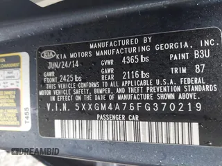 2015 Kia Optima LX with VIN 5XXGM4A76FG370219, listed as a IAAI auction lot 42471634 with 118,467 mi miles and . Bid and sale history available at DreamBid. Image 9.