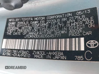 2013 Toyota Prius One with VIN JTDKN3DU6D5645771, listed as a IAAI auction lot 42231363 with 152,576 mi miles and . Bid and sale history available at carsss.com. Image 9.