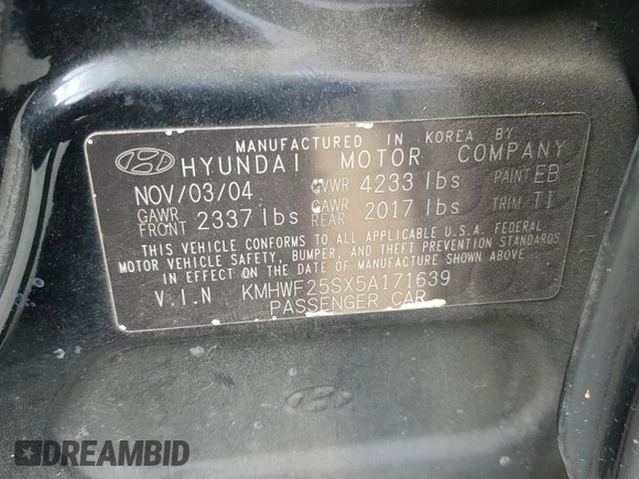 2005 Hyundai Sonata GL with VIN KMHWF25SX5A171639, listed as a Copart auction lot 73851114 with 122,206 mi miles and Salvage Title. Bid and sale history available at carsss.com. Image 12.
