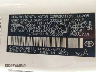 2008 Toyota Prius with VIN JTDKB20UX83423051, listed as a IAAI auction lot 42196058 with 246,767 mi miles and . Bid and sale history available at DreamBid. Image 9.