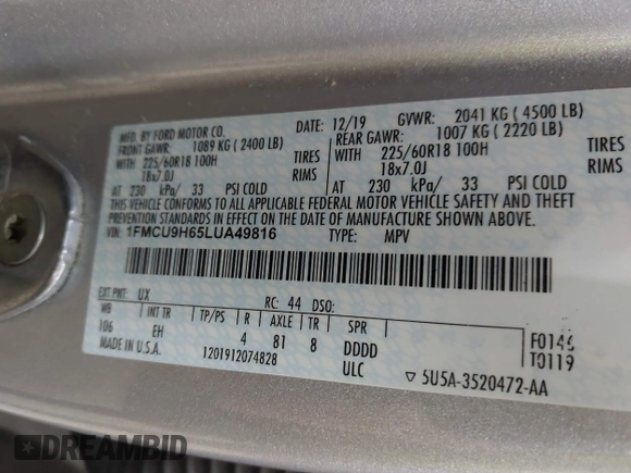 2020 Ford Escape SEL z VIN 1FMCU9H65LUA49816, wystawiony jako IAAI lot #42671041 z przebiegiem 32 541 mil mil oraz . Historia ofert i sprzedaży dostępna na DreamBid. Obrazek 9.