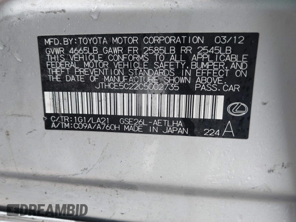 2012 Lexus IS 350 z VIN JTHCE5C22C5002735, wystawiony jako IAAI lot #42295104 z przebiegiem 253 853 mil mil oraz . Historia ofert i sprzedaży dostępna na DreamBid. Obrazek 9.