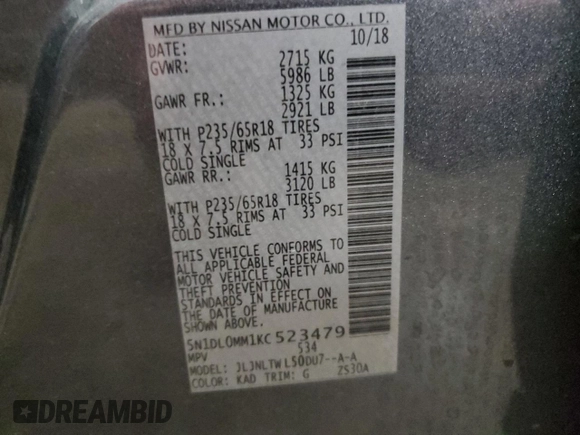 2019 Infiniti QX60 Pure with VIN 5N1DL0MM1KC523479, listed as a Copart auction lot 59895065 with 81,731 mi miles and Salvage title. Bid and sale history available at DreamBid. Image 14.