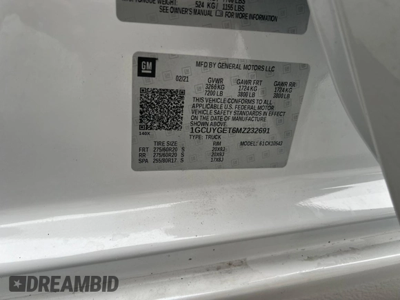2021 Chevrolet Silverado 1500 LTZ with VIN 1GCUYGET6MZ232691, listed as a Copart auction lot 42588905 with 67,138 mi miles and Salvage Title. Bid and sale history available at DreamBid. Image 10.