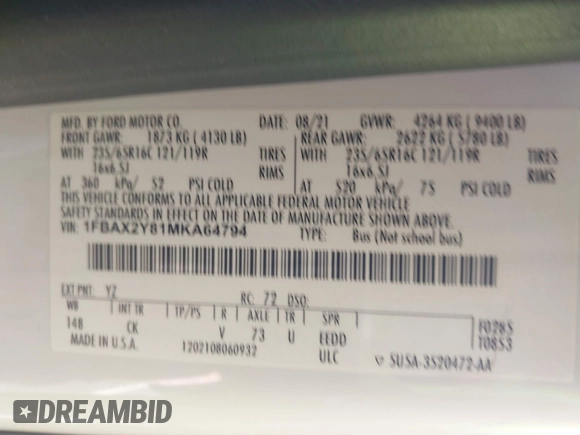 2021 Ford Transit Passenger XL with VIN 1FBAX2Y81MKA64794, listed as a IAAI auction lot 42227781 with 133,000 mi miles and . Bid and sale history available at DreamBid. Image 9.