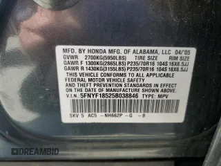 2005 Honda Pilot EX-L with VIN 5FNYF18525B038846, listed as a Copart auction lot 52600515 with 199,683 mi miles and Salvage Title. Bid and sale history available at carsss.com. Image 14.