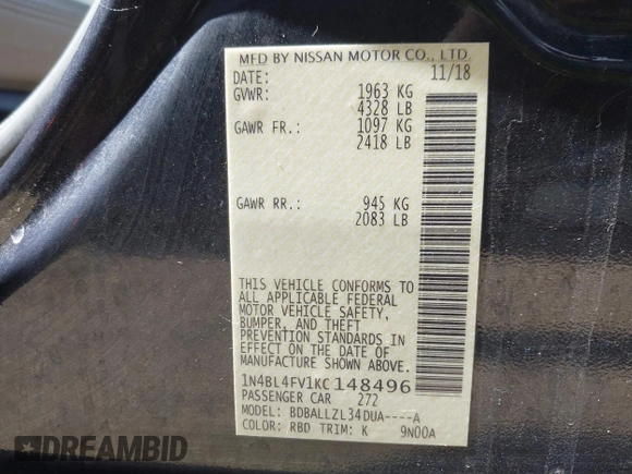2019 Nissan Altima 2.5 Platinum with VIN 1N4BL4FV1KC148496, listed as a IAAI auction lot 41767567 with 73,473 mi miles. Bid and sale history available at carsss.com. Image 9.