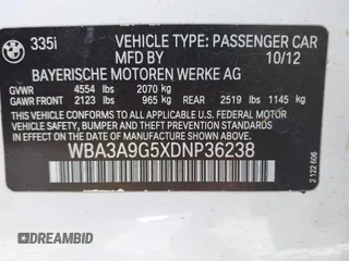 2013 BMW 3 Series 335i with VIN WBA3A9G5XDNP36238, listed as a IAAI auction lot 42347821 with 97,227 mi miles and . Bid and sale history available at DreamBid. Image 9.