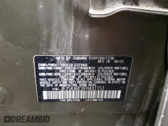 2023 Subaru Forester Touring with VIN JF2SKARC8PH481151, listed as a Copart auction lot 48749905 with 28,350 mi miles and Salvage title. Bid and sale history available at DreamBid. Image 14.