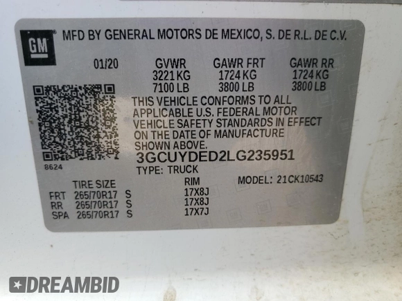 2020 Chevrolet Silverado 1500 LT with VIN 3GCUYDED2LG235951, listed as a Copart auction lot 47885275 with 138,303 mi miles and Salvage Title. Bid and sale history available at DreamBid. Image 12.