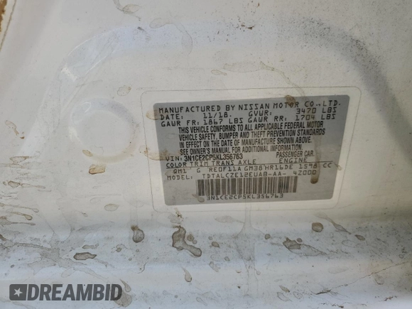 2019 Nissan Note SV z VIN 3N1CE2CP5KL356763, wystawiony jako Copart lot #82392834 z przebiegiem Nie podano mil oraz Szkoda całkowita • Salvage title. Historia ofert i sprzedaży dostępna na DreamBid. Obrazek 12.