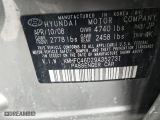 2009 Hyundai Azera GLS with VIN KMHFC46D29A352731, listed as a IAAI auction lot 35110847 with 1 mi miles. Bid and sale history available at carsss.com. Image 9.