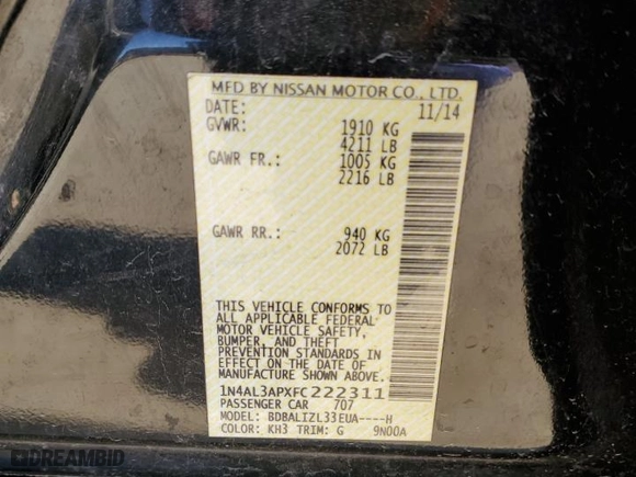 2015 Nissan Altima 2.5 S with VIN 1N4AL3APXFC222311, listed as a Copart auction lot 87054194 with 0 mi miles and Salvage Title. Bid and sale history available at carsss.com. Image 12.