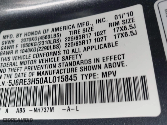2010 Honda CR-V EX with VIN 5J6RE3H50AL015845, listed as a IAAI auction lot 41809537 with 127,708 mi miles. Bid and sale history available at carsss.com. Image 9.