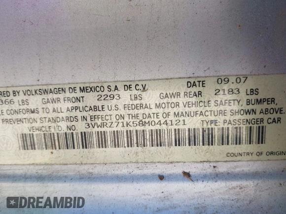 2008 Volkswagen Jetta SE z VIN 3VWRZ71K58M044121, wystawiony jako IAAI lot #42317882 z przebiegiem Nie podano mil oraz . Historia ofert i sprzedaży dostępna na DreamBid. Obrazek 9.