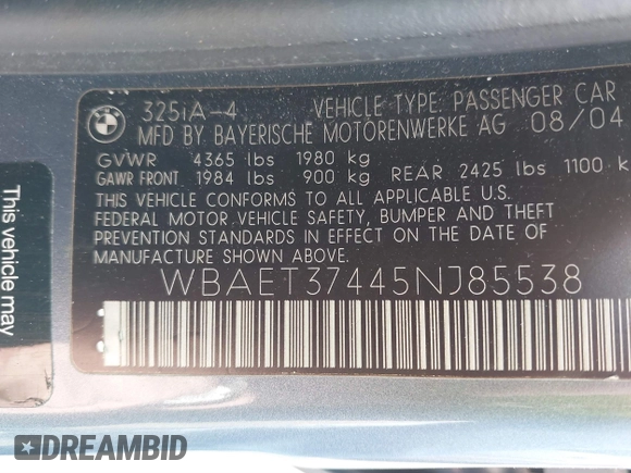 2005 BMW 3 Series 325i with VIN WBAET37445NJ85538, listed as a IAAI auction lot 41872686 with 121,237 mi miles. Bid and sale history available at carsss.com. Image 9.
