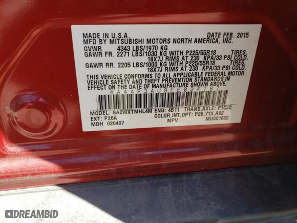 2015 Mitsubishi Outlander Sport ES with VIN 4A4AP3AU9FE024787, listed as a Copart auction lot 49312545 with 161,239 mi miles and Salvage Title. Bid and sale history available at carsss.com. Image 14.