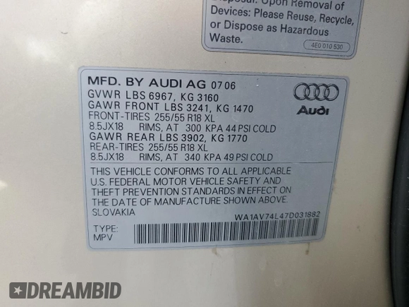 2007 Audi Q7 with VIN WA1AV74L47D031882, listed as a Copart auction lot 39366983 with 138,929 mi miles and Non repairable. Bid and sale history available at DreamBid. Image 13.