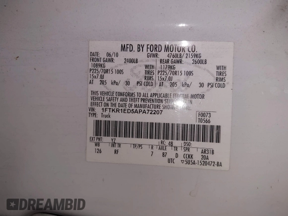 2010 Ford Ranger XL with VIN 1FTKR1ED5APA72207, listed as a IAAI auction lot 41886712 with 171,139 mi miles and . Bid and sale history available at DreamBid. Image 9.