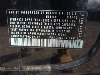 2013 Volkswagen Jetta Hybrid SE with VIN 3VW637AJ7DM259702, listed as a IAAI auction lot 41799247 with Not provided miles and . Bid and sale history available at DreamBid. Image 9.