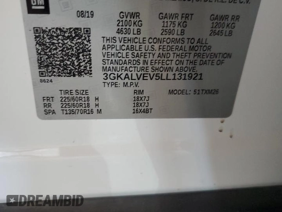 2020 GMC Terrain SLT with VIN 3GKALVEV5LL131921, listed as a Copart auction lot 52604825 with 123,300 mi miles and Salvage Title. Bid and sale history available at carsss.com. Image 12.
