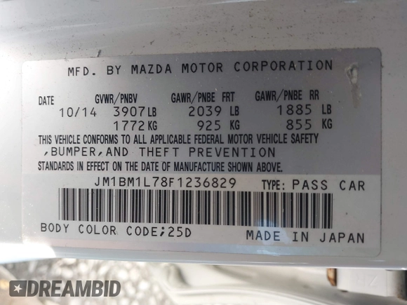 2015 Mazda 3 i Touring with VIN JM1BM1L78F1236829, listed as a IAAI auction lot 40791207 with 87,454 mi miles and . Bid and sale history available at carsss.com. Image 9.