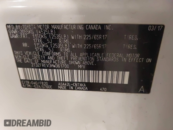 2017 Toyota RAV4 LE with VIN 2T3ZFREV3HW361700, listed as a IAAI auction lot 40981425 with Not Provided miles and . Bid and sale history available at carsss.com. Image 9.