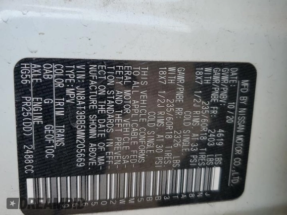 2021 Nissan Rogue SV z VIN JN8AT3BB5MW205669, wystawiony jako Copart lot #54532685 z przebiegiem 61 407 mil mil oraz Szkoda całkowita • Salvage title. Historia ofert i sprzedaży dostępna na DreamBid. Obrazek 12.