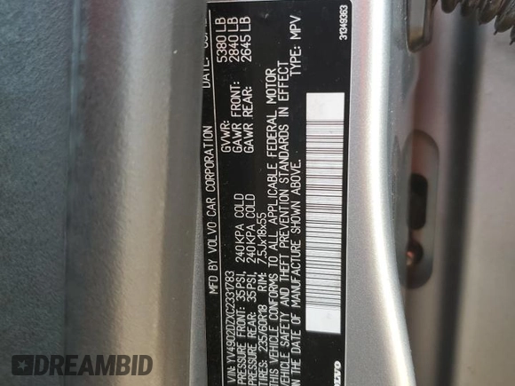 2012 Volvo XC60 3.0L with VIN YV4902DZXC2331783, listed as a Copart auction lot 48340435 with 119,584 mi miles and Salvage Title. Bid and sale history available at carsss.com. Image 15.