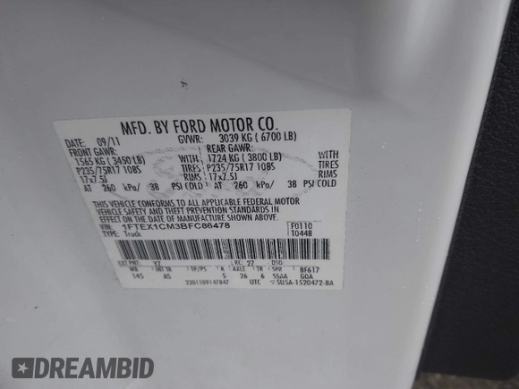 2011 Ford F-150 XL with VIN 1FTEX1CM3BFC86478, listed as a IAAI auction lot 42322433 with 136,171 mi miles and . Bid and sale history available at DreamBid. Image 9.