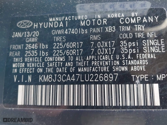 2020 Hyundai Tucson Value with VIN KM8J3CA47LU226897, listed as a IAAI auction lot 41662826 with 32,280 mi miles. Bid and sale history available at carsss.com. Image 9.
