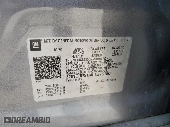 2020 Chevrolet Trax LT with VIN 3GNCJPSB4LL276150, listed as a Copart auction lot 60269245 with 73,689 mi miles and Salvage title. Bid and sale history available at DreamBid. Image 13.