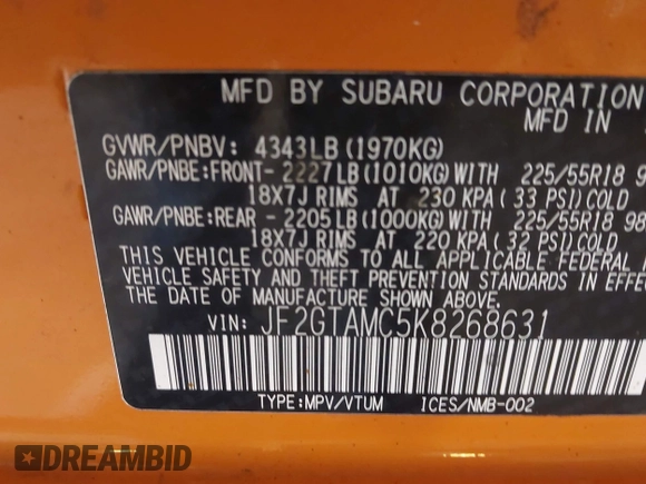 2019 Subaru Crosstrek Limited с VIN JF2GTAMC5K8268631, выставлен на аукционе IAAI как лот 42074349 с пробегом 121 011 миль миль и . История ставок и продаж доступна на DreamBid. Изображение 9.