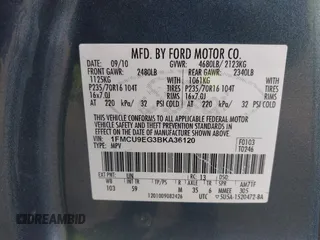 2011 Ford Escape Limited with VIN 1FMCU9EG3BKA36120, listed as a IAAI auction lot 42107881 with 127,226 mi miles and . Bid and sale history available at DreamBid. Image 9.