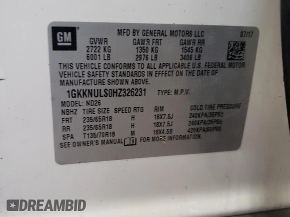 2017 GMC Acadia SLT with VIN 1GKKNULS0HZ326231, listed as a Copart auction lot 78011814 with 108,064 mi miles and Salvage Title. Bid and sale history available at carsss.com. Image 15.