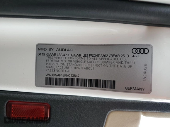 2019 Audi A4 Premium with VIN WAUDNAF43KN013847, listed as a Copart auction lot 59956405 with 54,786 mi miles and Salvage title. Bid and sale history available at DreamBid. Image 12.