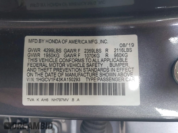 2019 Honda Accord EX with VIN 1HGCV1F43KA150293, listed as a IAAI auction lot 42592009 with 32,037 mi miles and . Bid and sale history available at DreamBid. Image 9.