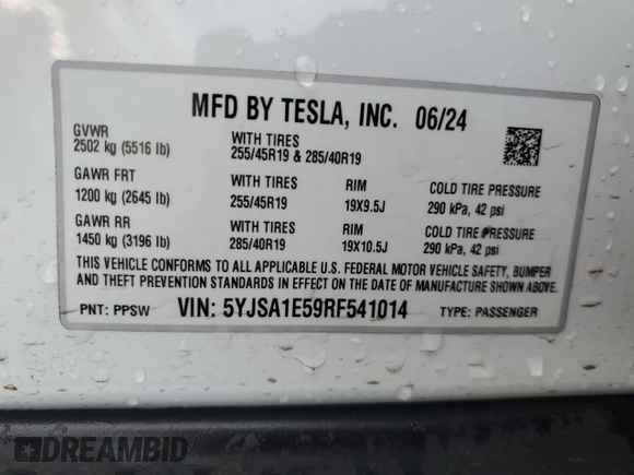 2024 Tesla Model S с VIN 5YJSA1E59RF541014, выставлен на аукционе Copart как лот 86646114 с пробегом 7 404 миль миль и Списание • Salvage title. История ставок и продаж доступна на DreamBid. Изображение 12.