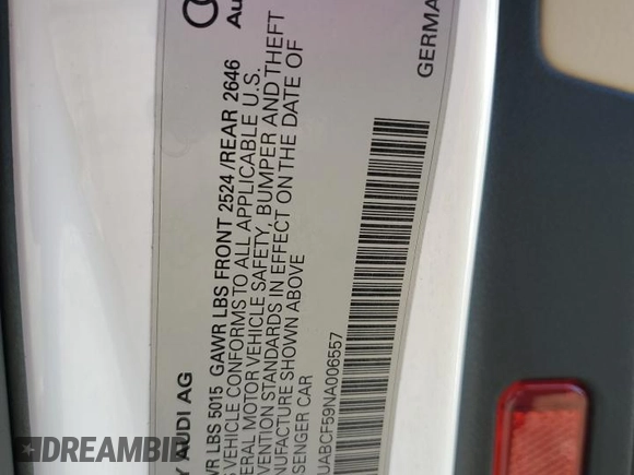 2022 Audi A5 Sportback Premium with VIN WAUABCF59NA006557, listed as a Copart auction lot 40883224 with 60,170 mi miles. Bid and sale history available at carsss.com. Image 14.